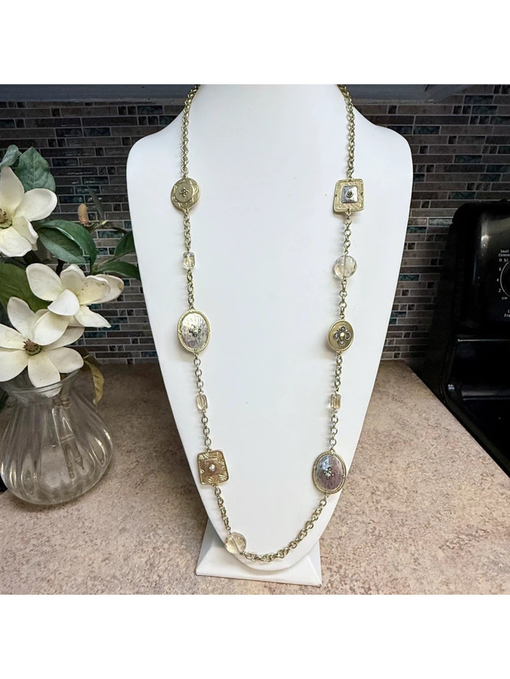 Chico's Long Gold Tone Station Necklace Mixed Geometric Medallions Beads
